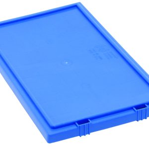The Quantum Container Lid, blue and rectangular with a flat top and ridged edges, designed for SNT180 and SNT185 containers, made in USA, sits on a white background. It has two small latches on one side for secure attachment.