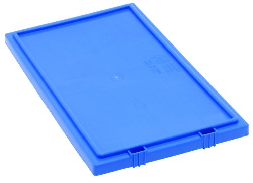 The Quantum Container Lid, blue and rectangular with a flat top and ridged edges, designed for SNT180 and SNT185 containers, made in USA, sits on a white background. It has two small latches on one side for secure attachment.