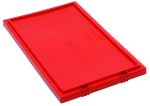 The Quantum Tote Box Lid is a red, rectangular plastic lid with textured lines and a central circular indentation. Made in the USA, it fits SNT180 and SNT185 containers and features slight side indentations for secure attachment.