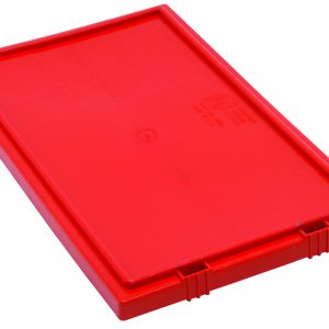 The Quantum Tote Box Lid is a red, rectangular plastic lid with textured lines and a central circular indentation. Made in the USA, it fits SNT180 and SNT185 containers and features slight side indentations for secure attachment.