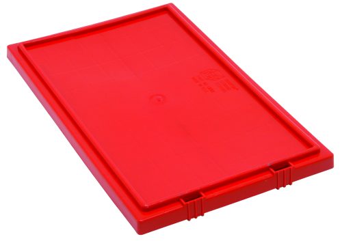 The Quantum Tote Box Lid is a red, rectangular plastic lid with textured lines and a central circular indentation. Made in the USA, it fits SNT180 and SNT185 containers and features slight side indentations for secure attachment.