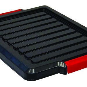 The Quantum Lid, designed to fit Lc191507Bk, is a black polypropylene rectangular lid featuring horizontal ridges and red clasps on opposite corners, ideal for securing onto containers or boxes. Made in the USA.