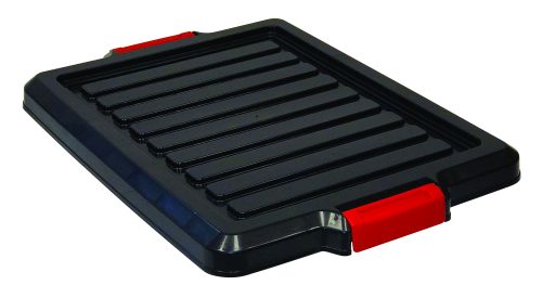 The Quantum Lid, designed to fit Lc191507Bk, is a black polypropylene rectangular lid featuring horizontal ridges and red clasps on opposite corners, ideal for securing onto containers or boxes. Made in the USA.