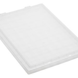 The Quantum Tote Box Lid, designed for use with Snt190 and Snt195, is a clear rectangular cover featuring a subtle grid pattern. Made in the USA.