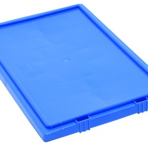 The Quantum Tote Box Lid, compatible with SNT190 and SNT195 containers, is blue and rectangular, made of plastic with a flat surface and raised edges. It includes two latch-like ridges for secure attachment, has smooth surface markings, and is proudly made in the USA.