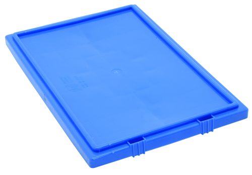 The Quantum Tote Box Lid, compatible with SNT190 and SNT195 containers, is blue and rectangular, made of plastic with a flat surface and raised edges. It includes two latch-like ridges for secure attachment, has smooth surface markings, and is proudly made in the USA.