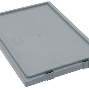 The Quantum Tote Box Lid, designed for Snt190 and Snt195, is a rectangular, flat gray plastic lid with a smooth surface and two hinge-like protrusions. Proudly made in the USA, it is displayed against a plain white background.
