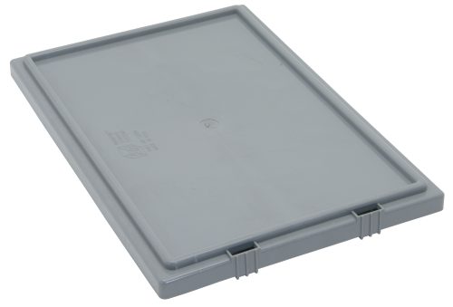 The Quantum Tote Box Lid, designed for Snt190 and Snt195, is a rectangular, flat gray plastic lid with a smooth surface and two hinge-like protrusions. Proudly made in the USA, it is displayed against a plain white background.