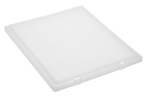 The Quantum Tote Box Lid, designed for models SNT225 and SNT230, is clear, rectangular, and plastic with a smooth surface and slightly rounded edges. It is displayed against a plain white background and made in the USA.
