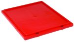 The Quantum Tote Box Lid, designed for use with SNT225 and SNT230 containers, is red and features a square grid pattern. It includes a lip around the edges with side clips for secure attachment and lays flat against a white background. Made in the USA.