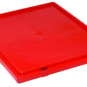 The Quantum Tote Box Lid, designed for use with SNT225 and SNT230 containers, is red and features a square grid pattern. It includes a lip around the edges with side clips for secure attachment and lays flat against a white background. Made in the USA.