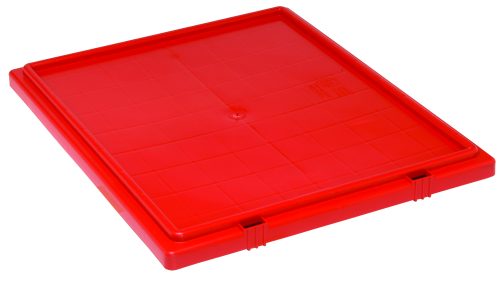 The Quantum Tote Box Lid, designed for use with SNT225 and SNT230 containers, is red and features a square grid pattern. It includes a lip around the edges with side clips for secure attachment and lays flat against a white background. Made in the USA.