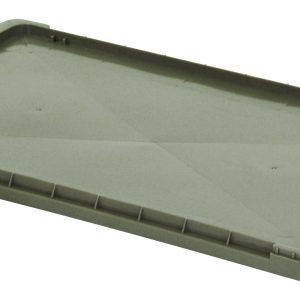 A rectangular, flat gray plastic lid with a textured surface and reinforced edges, designed for use with RSO1215-5 and RSO1215-7 containers. Made in USA. Product: Quantum Tote Box Lid, Gray.