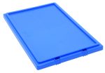 The Quantum Tote Box Lid, designed for the SNT240 Tote Box, is a blue rectangular plastic lid made in the USA. It features slight edge ridges and lies flat against a white background, providing secure container coverage with its smooth surface.