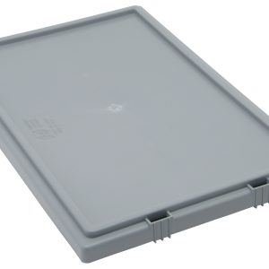 The Quantum Tote Box Lid, made in the USA for use with Snt240, is a rectangular gray plastic lid with reinforced edges and side clips. It features a smooth surface and a slightly raised central area for added stability.