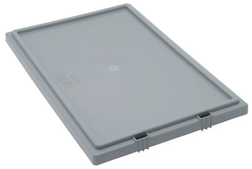 The Quantum Tote Box Lid, made in the USA for use with Snt240, is a rectangular gray plastic lid with reinforced edges and side clips. It features a smooth surface and a slightly raised central area for added stability.