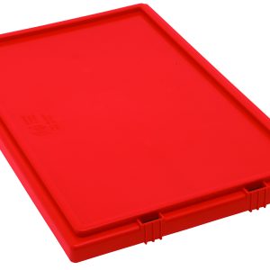 The Quantum Tote Box Lid for SNT240 is a flat, rectangular, red plastic lid with grooves and side protrusions. It has a smooth surface with slight indentations for secure sealing and is labeled Made in USA.