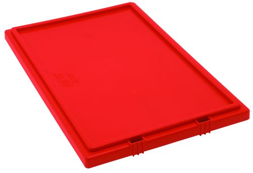 The Quantum Tote Box Lid for SNT240 is a flat, rectangular, red plastic lid with grooves and side protrusions. It has a smooth surface with slight indentations for secure sealing and is labeled Made in USA.
