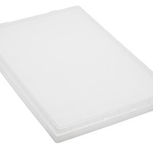 A clear Quantum Tote Box Lid, compatible with SNT300 and made in the USA, featuring slightly raised edges, lies flat on a white background.