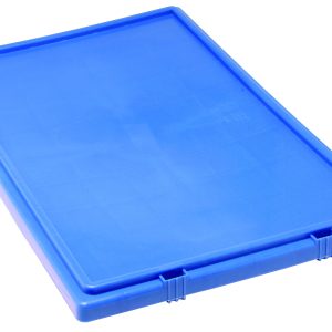 The Quantum Tote Box Lid is a vibrant blue, rectangular lid made from durable plastic with a smooth surface and two clip fasteners on one side. Designed for SNT300 storage containers, this lid is proudly made in the USA.