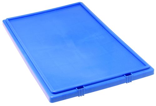 The Quantum Tote Box Lid is a vibrant blue, rectangular lid made from durable plastic with a smooth surface and two clip fasteners on one side. Designed for SNT300 storage containers, this lid is proudly made in the USA.
