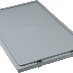 The Quantum Tote Box Lid, designed for use with SNT300, is a rectangular gray plastic lid featuring three latches on the shorter sides and lays flat against a white background. Made in USA.