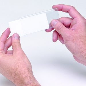Hands holding a clear glass microscope slide with a small rectangular white label. Set against a light background, the slide can be used with Quantum Label Holders and marked using the included laser label inserts (25 per pack).