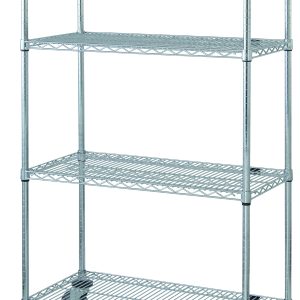 The Quantum Mobile Cart measures 36W x 18D x 69H and features four wire shelves, four 63H posts, four donut bumpers, and four 5 thermoplastic resin casters (two with brakes). Its chrome-plated finish and open design are perfect for item organization in various settings.