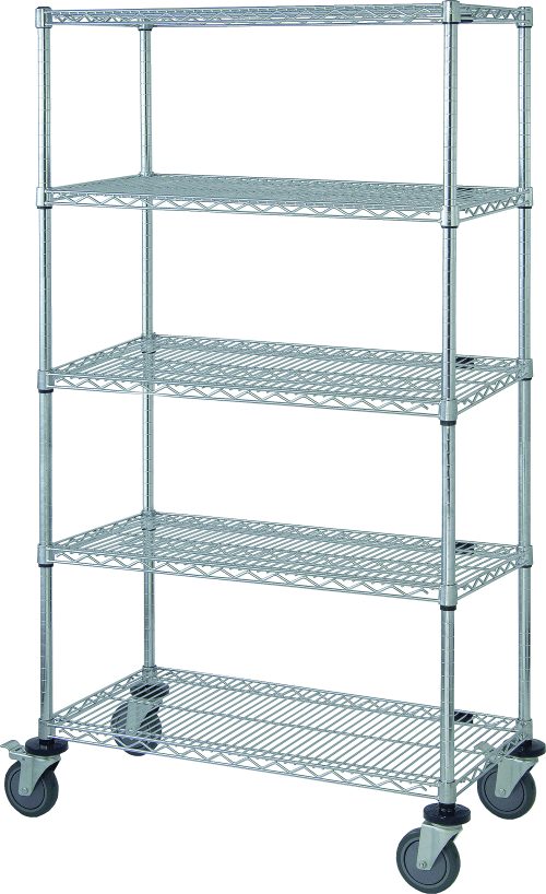 M1836C46-5.jpg The Quantum Mobile Cart, measuring 36W x 18D x 69H, includes five wire shelves, four 63 posts, four donut bumpers, and is outfitted with four 5 thermoplastic resin casters—two of which have brakes. Its chrome-plated finish and open design offer versatile organization in any setting.