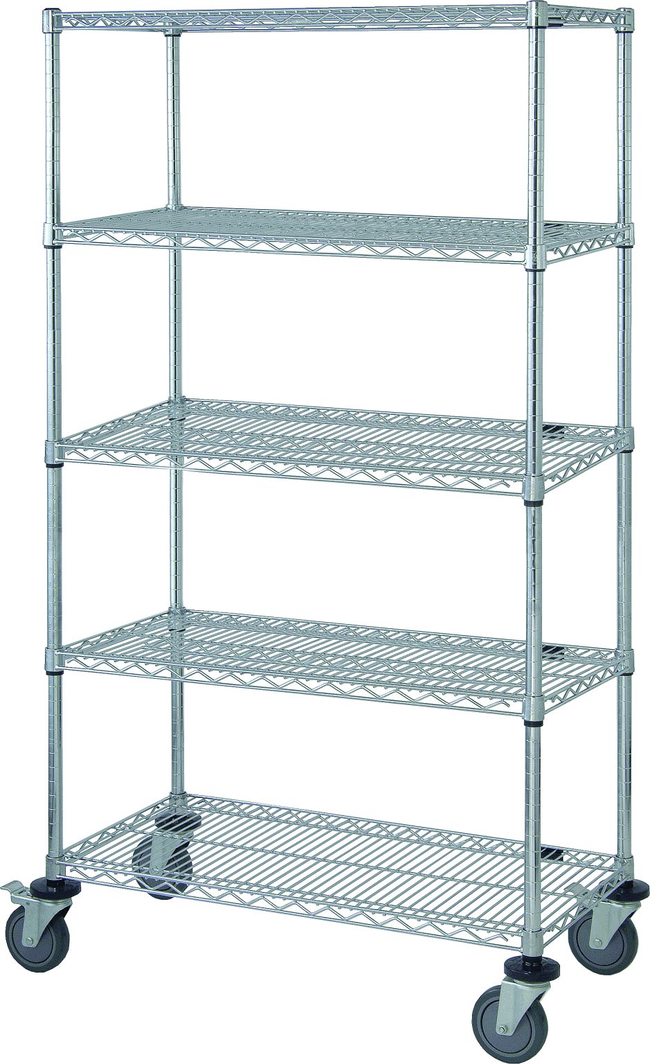 Chrome wire shelving unit with five shelves on stem casters