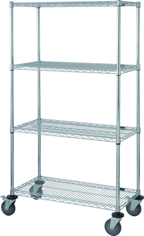 The Quantum Mobile Cart measures 36W x 18D x 69H and features four wire shelves, four 63H posts, four donut bumpers, and four 5 thermoplastic resin casters (two with brakes). Its chrome-plated finish and open design are perfect for item organization in various settings.
