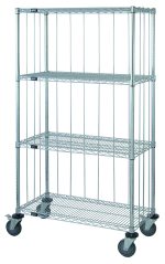 The Quantum Mobile Enclosure Cart measures 36W x 18D x 69H and features a robust metal design with four wire shelves. It includes four 5 thermoplastic resin casters (two with brakes) for easy movement, plus chrome-plated rods, tabs kits, and donut bumpers.