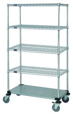 The Quantum Mobile Cart, measuring 36W x 18D x 69H, includes four wire shelves and a solid galvanized steel shelf. It features chrome-plated, evenly spaced tiers, donut bumpers, and 5 thermoplastic resin casters for easy mobility (two with brakes). Perfect for organized storage.