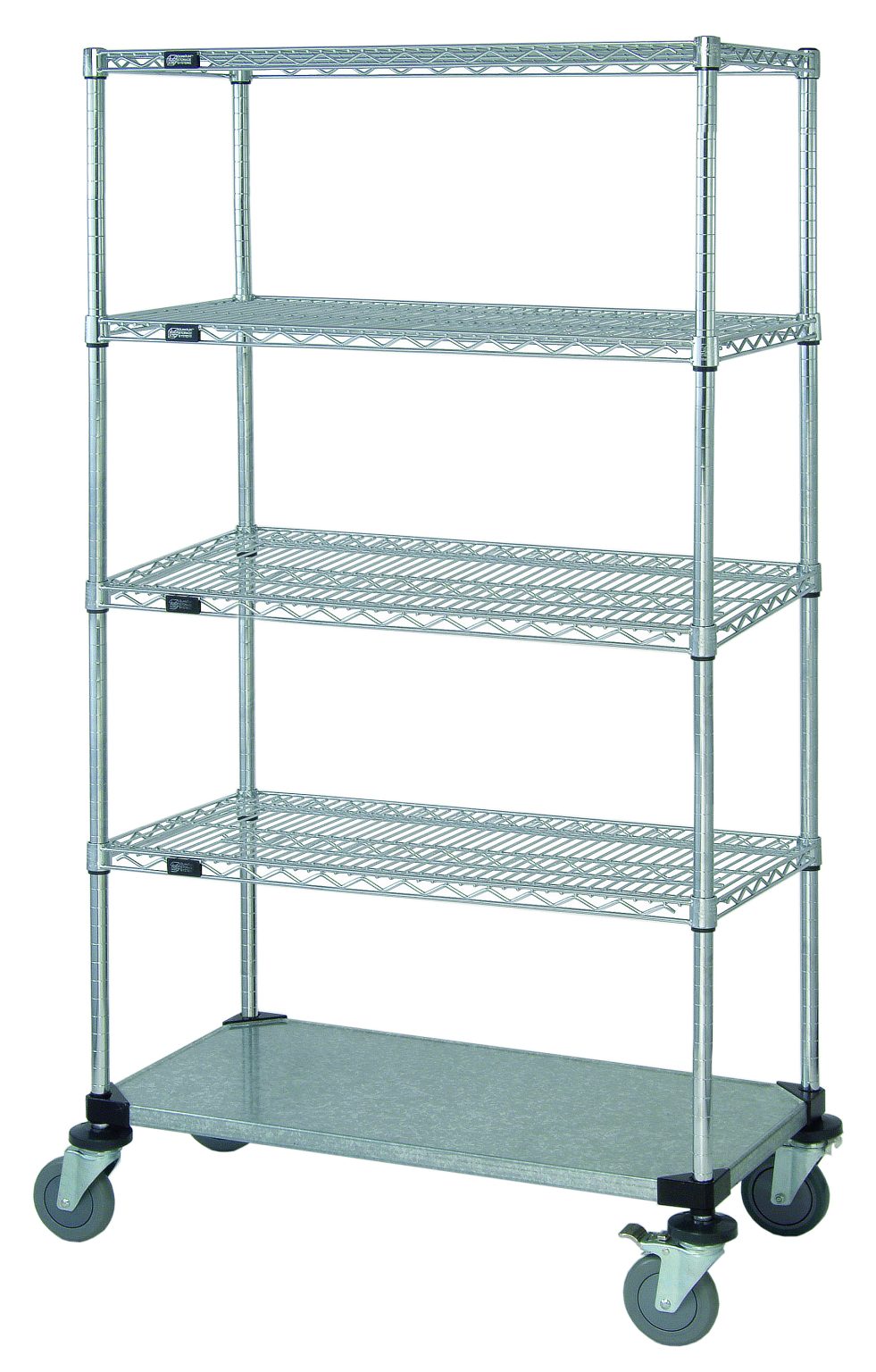Chrome stem-caster wire cart with five shelves and a solid bottom shelf