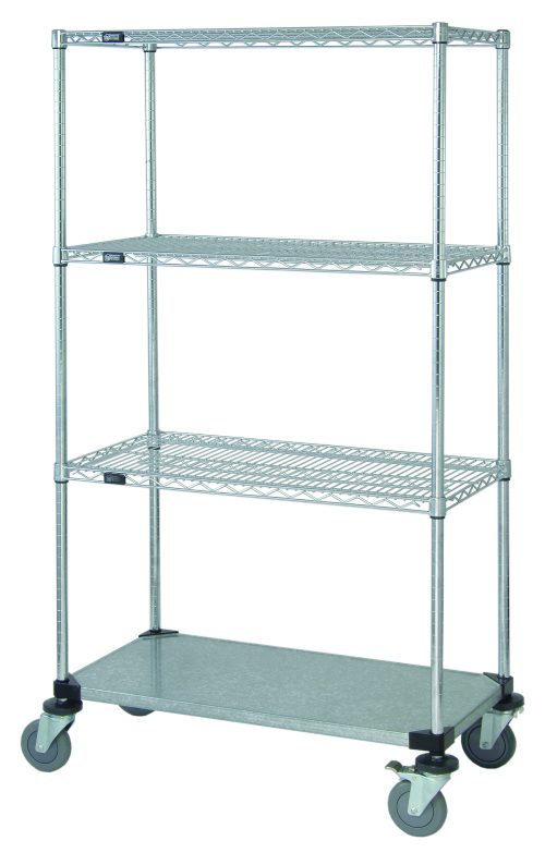 M1836CG46.jpg The Quantum Mobile Cart is a 36W x 18D x 69H unit featuring three wire shelves, one solid galvanized steel shelf, four 63 H posts with donut bumpers, and four thermoplastic resin casters (two with brakes), chrome-plated, set against a white backdrop.