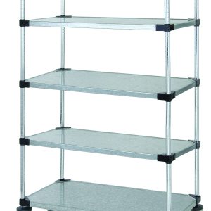 The Quantum Mobile Cart (36W x 18D x 69H) includes five solid galvanized steel shelves, four 63H posts, four donut bumpers for protection, and four 5 thermoplastic resin casters (two with brakes) in a galvanized steel finish.