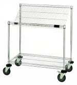 The Quantum Mobile Cart, 36W x 18D x 40H, includes a flat shelf and a slanted shelf on wheels. The top slanted shelf tilts forward for easy access. It features an open metal rod design with four thermoplastic resin casters (two with brakes) and donut bumpers for easy mobility and stability.