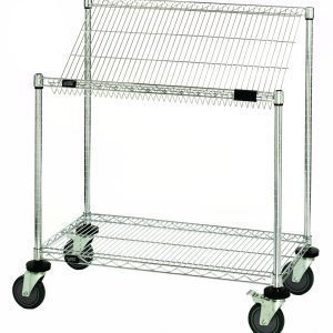 The Quantum Mobile Cart, 36W x 18D x 40H, includes a flat shelf and a slanted shelf on wheels. The top slanted shelf tilts forward for easy access. It features an open metal rod design with four thermoplastic resin casters (two with brakes) and donut bumpers for easy mobility and stability.