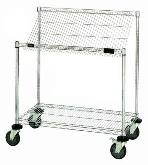The Quantum Mobile Cart, 36W x 18D x 40H, includes a flat shelf and a slanted shelf on wheels. The top slanted shelf tilts forward for easy access. It features an open metal rod design with four thermoplastic resin casters (two with brakes) and donut bumpers for easy mobility and stability.