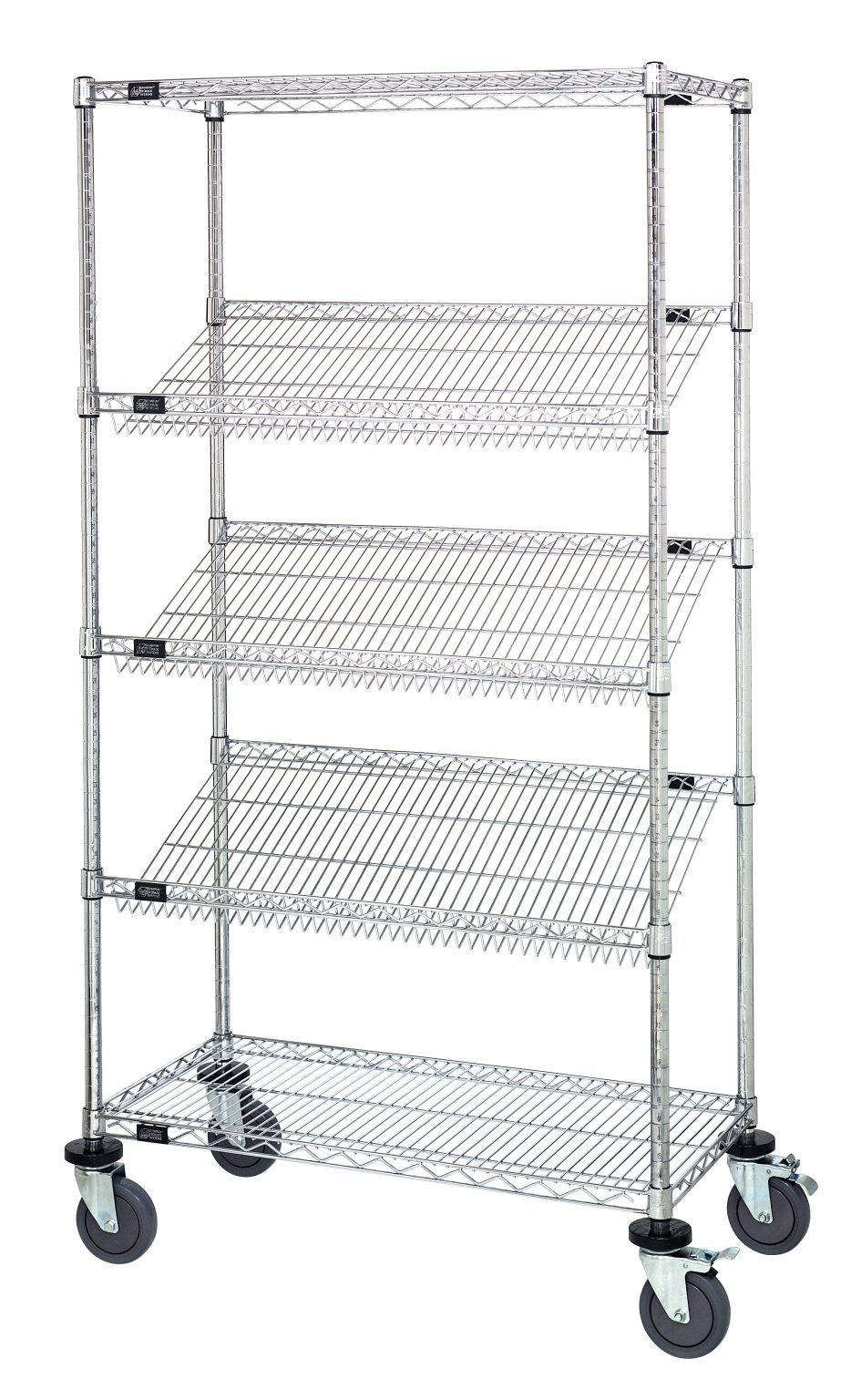 Mobile slanted shelf cart with two flat and three sloped wire shelves