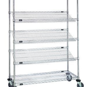 The Quantum Mobile Cart features three slanted wire shelves, two flat wire shelves, and four 63 posts on rolling wheels. Measuring 48W x 18D x 63H with a chrome finish, it includes donut bumpers and thermoplastic resin casters. Ideal for organizing items, it stands empty against a white background.