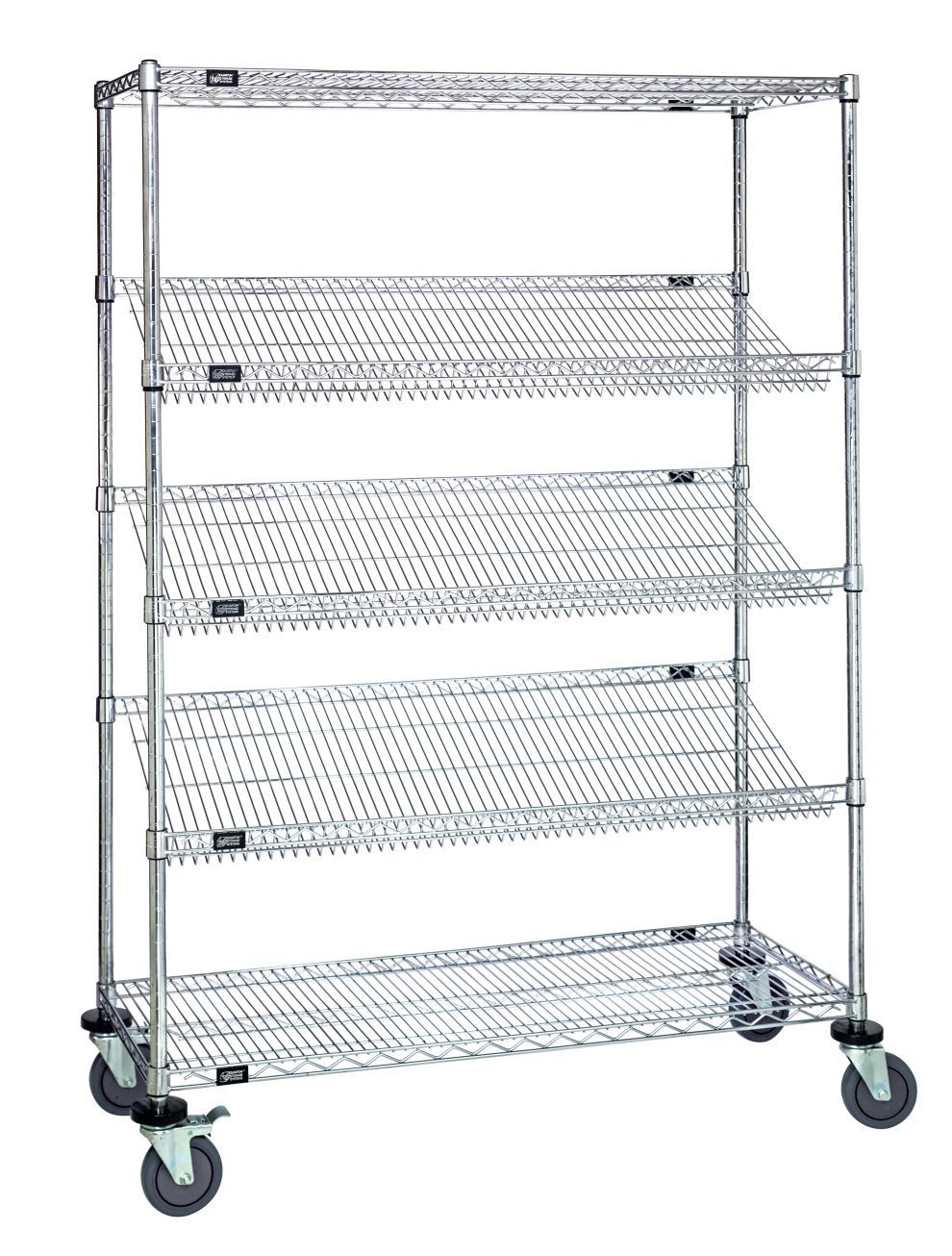 Mobile slanted shelf cart, 48 inches long, with sloped wire shelves