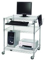 The Quantum Computer/LAN Workstation (30W x 24D x 34H) with three wire shelves and four posts, holds a computer setup: monitor/keyboard on top shelf, desktop/printer on bottom shelf, and binder in document holder basket. It features a keyboard tray and 3 poly stem casters.
