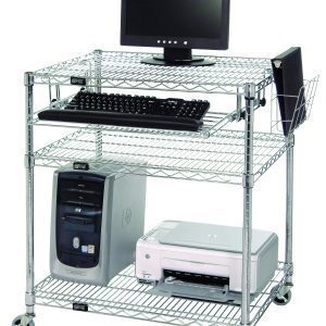 The Quantum Computer/LAN Workstation (30W x 24D x 34H) with three wire shelves and four posts, holds a computer setup: monitor/keyboard on top shelf, desktop/printer on bottom shelf, and binder in document holder basket. It features a keyboard tray and 3 poly stem casters.