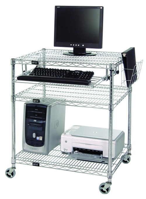 The Quantum Computer/LAN Workstation (30W x 24D x 34H) with three wire shelves and four posts, holds a computer setup: monitor/keyboard on top shelf, desktop/printer on bottom shelf, and binder in document holder basket. It features a keyboard tray and 3 poly stem casters.