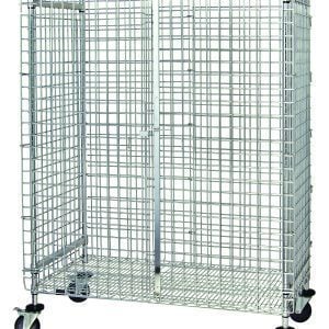 The Quantum Security Unit is a mobile, chrome-plated metal cage with square grid holes, featuring a door, top and bottom shelves, and mounted on four 5 poly stem casters for mobility (two with brakes). It stands against a plain white background. Dimensions: 36W X 18D X 69H.