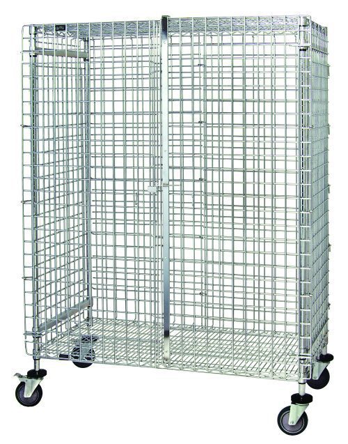 The Quantum Security Unit is a mobile, chrome-plated metal cage with square grid holes, featuring a door, top and bottom shelves, and mounted on four 5 poly stem casters for mobility (two with brakes). It stands against a plain white background. Dimensions: 36W X 18D X 69H.