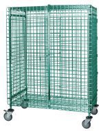 The Quantum Security Unit is a mobile green cage with a 36W x 18D x 69H metal mesh frame, featuring front security panel doors and locks. It includes a top shelf, bottom shelf, and casters for mobility, making it ideal for storage or transport with added antimicrobial protection.