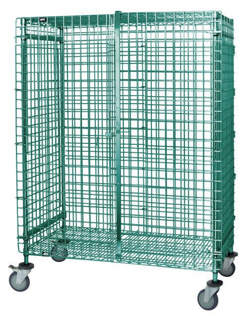 M2436_69SECP.jpg The Quantum Security Unit is a mobile green cage with a 36W x 18D x 69H metal mesh frame, featuring front security panel doors and locks. It includes a top shelf, bottom shelf, and casters for mobility, making it ideal for storage or transport with added antimicrobial protection.