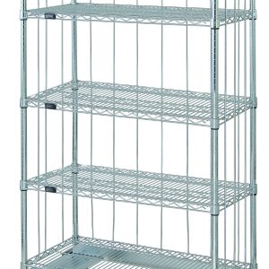 The Quantum Mobile Enclosure Cart is a sturdy, tall, metal unit with five wire shelves and a dolly base. It features four tiers and open sides, perfect for storage or transport. The chrome-plated finish and thermoplastic casters (two rigid, two swivel with brakes) make it versatile with rods and tabs kits included.